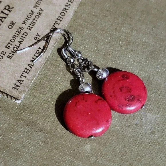 Handcrafted Silver and Red Magnesite Gemstone Puffed Coin Dangle Earrings - Picture 3 of 7